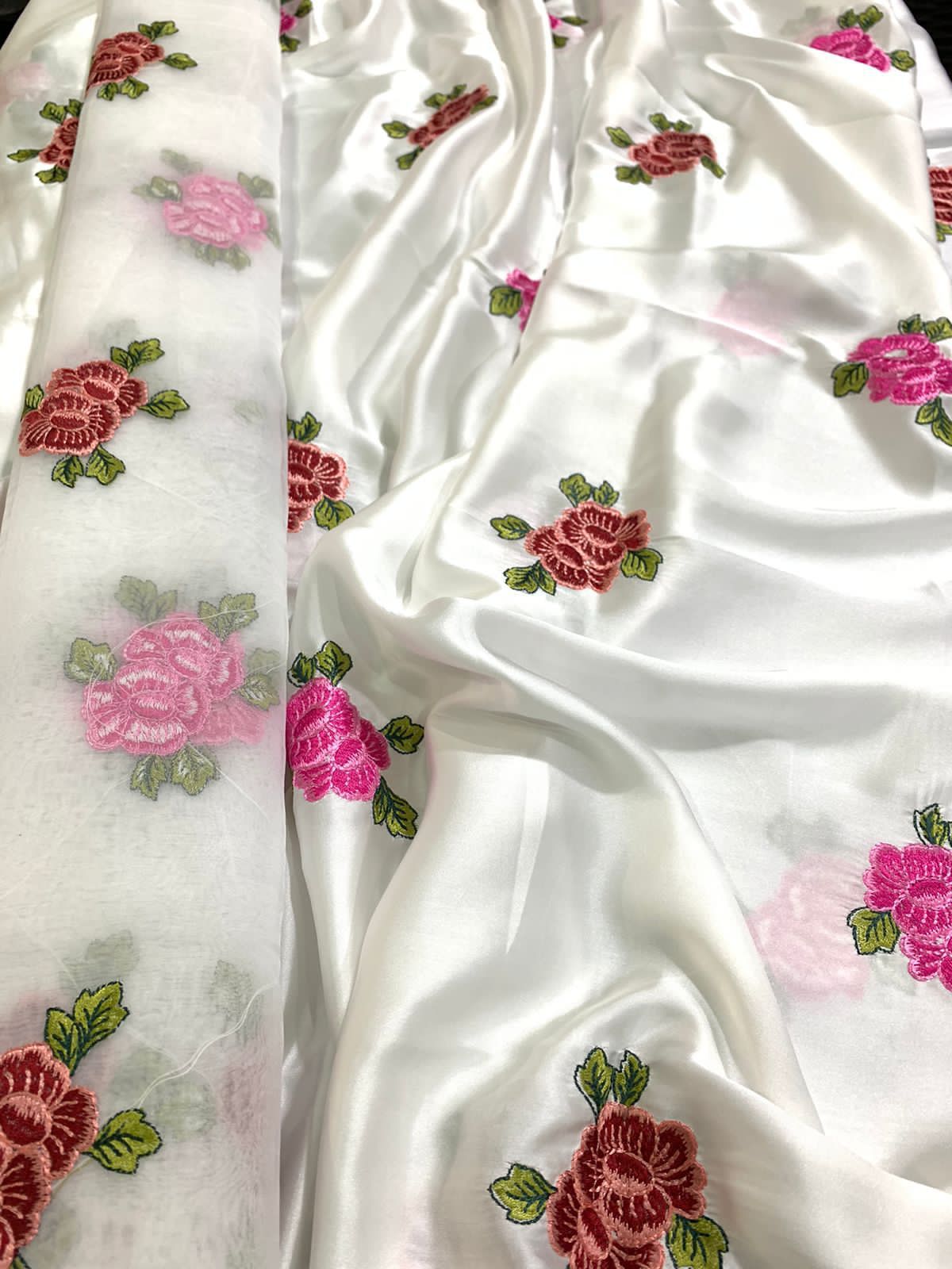 SastaaE Unstitched 3pc Floral Embroidered Dress on Shamoz Silk Shirt & Trouser and Organza Dupatta