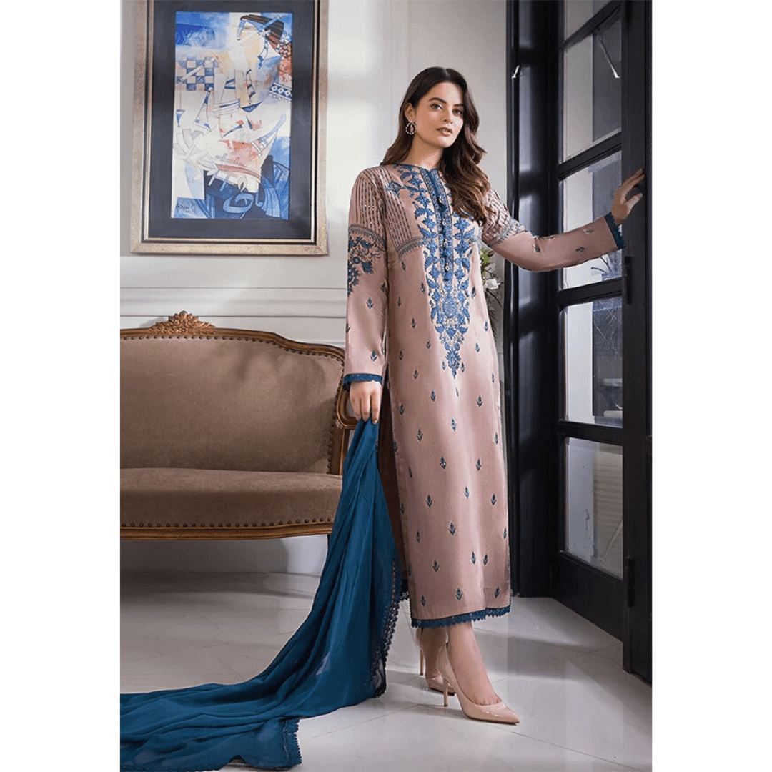 SastaaE 3 Piece Unstitched Embroidered Dress on Lawn Cotton fabric along with Chiffon Embroidered Dupatta