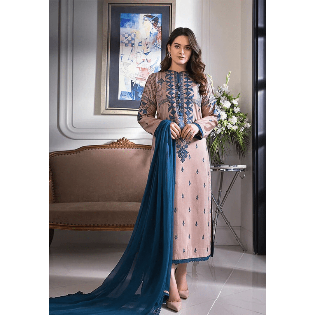 SastaaE 3 Piece Unstitched Embroidered Dress on Lawn Cotton fabric along with Chiffon Embroidered Dupatta
