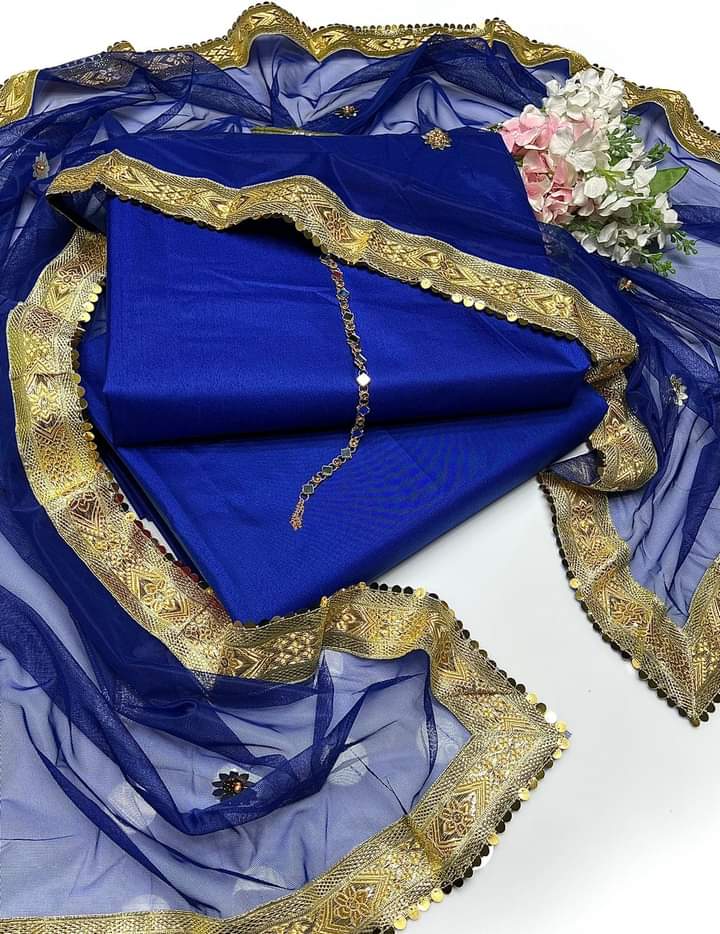 SastaaE Presents Kataan Silk Suit 3pcs Net Gotta Work Duppatta With Plain Katan Silk Shirt & Trouser