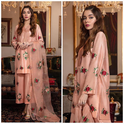 SastaaE Unstitched 3pc Floral Embroidered Dress on Shamoz Silk Shirt & Trouser and Organza Dupatta
