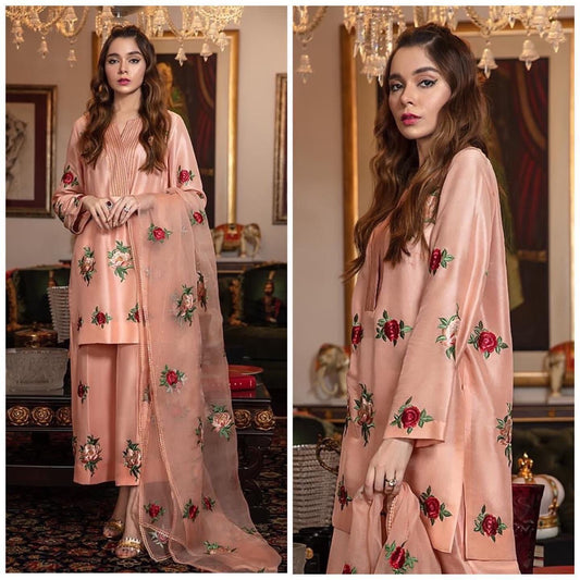 SastaaE Unstitched 3pc Floral Embroidered Dress on Shamoz Silk Shirt & Trouser and Organza Dupatta