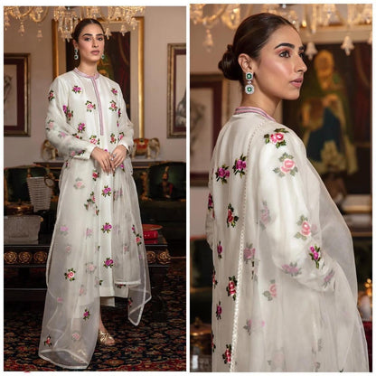SastaaE Unstitched 3pc Floral Embroidered Dress on Shamoz Silk Shirt & Trouser and Organza Dupatta