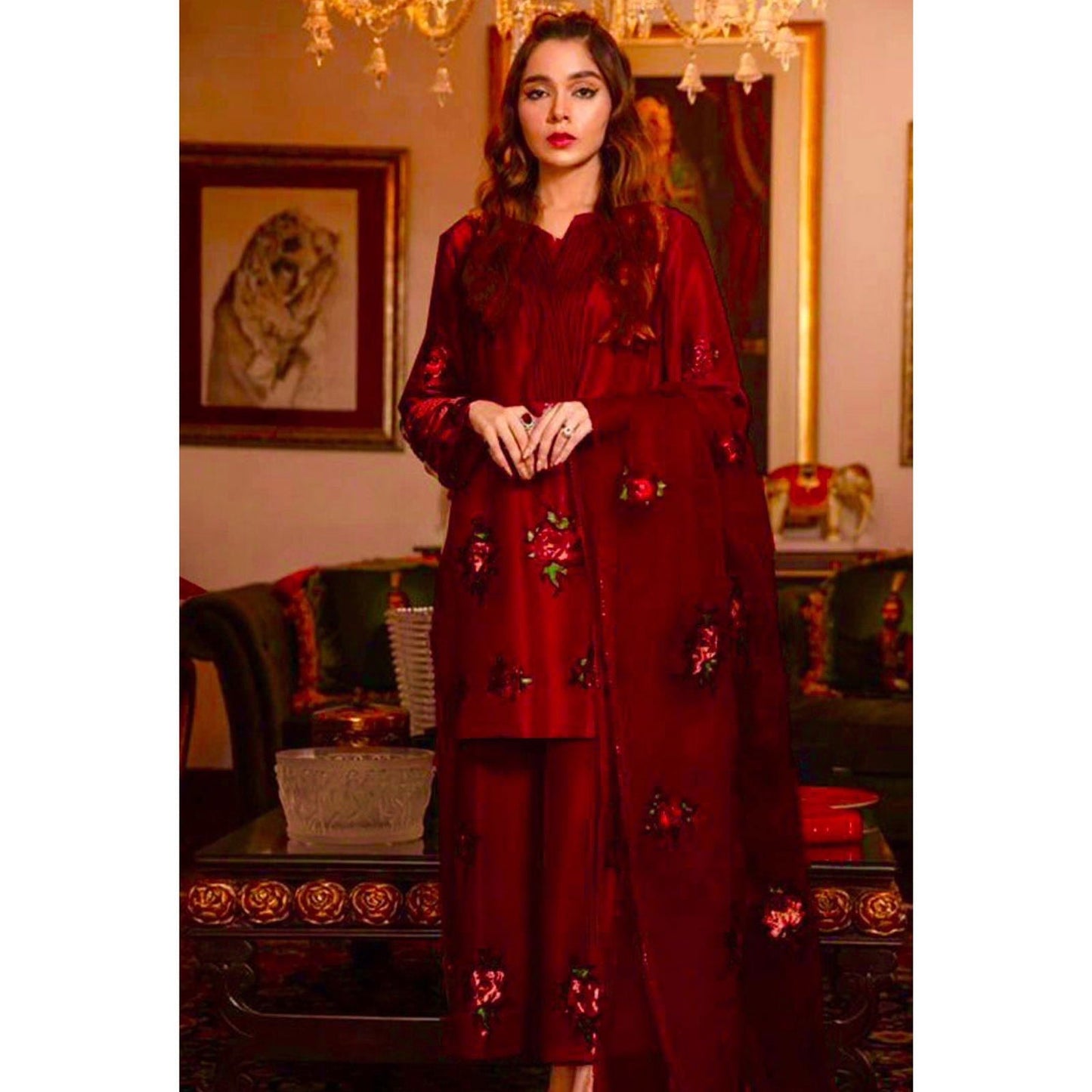 SastaaE Unstitched 3pc Floral Embroidered Dress on Shamoz Silk Shirt & Trouser and Organza Dupatta