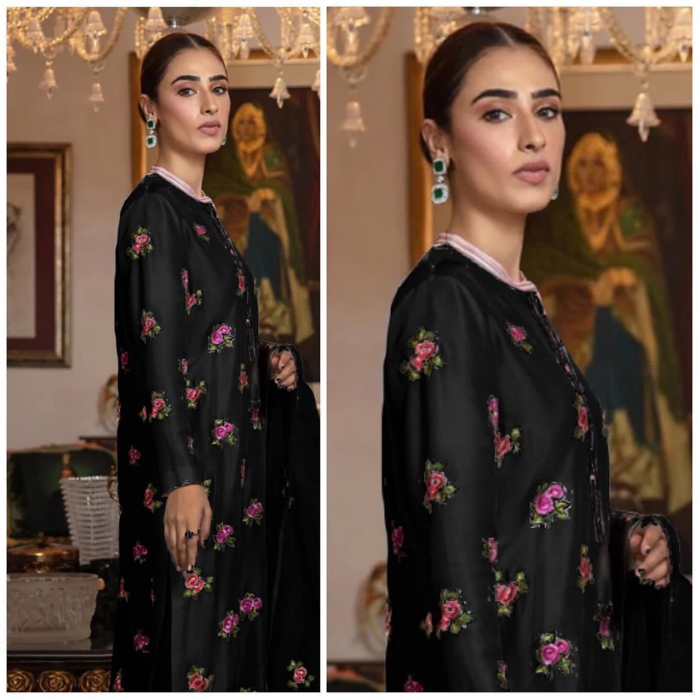 SastaaE Unstitched 3pc Floral Embroidered Dress on Shamoz Silk Shirt & Trouser and Organza Dupatta