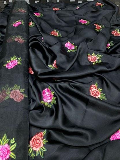 SastaaE Unstitched 3pc Floral Embroidered Dress on Shamoz Silk Shirt & Trouser and Organza Dupatta