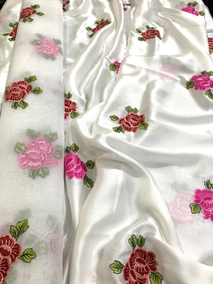 SastaaE Unstitched 3pc Floral Embroidered Dress on Shamoz Silk Shirt & Trouser and Organza Dupatta