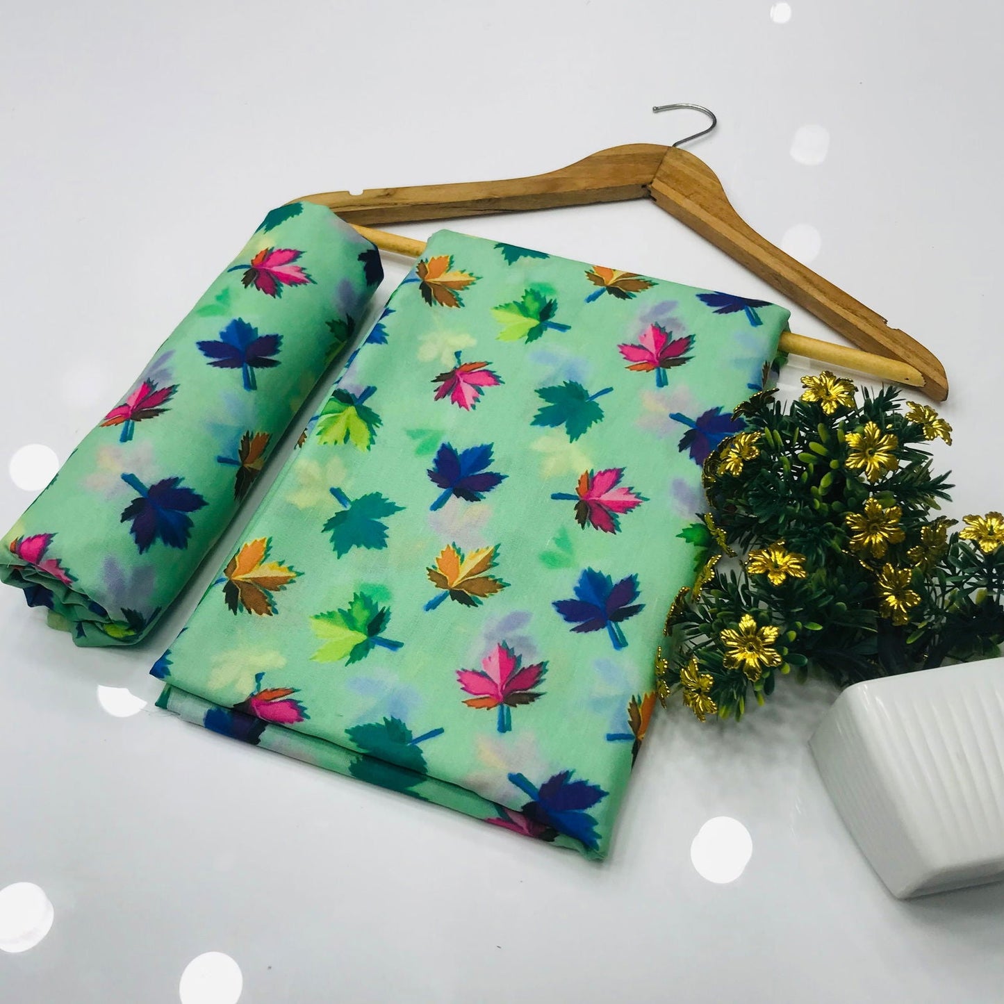 SastaaE 2 Pieces Unstitched Lawn All Over Leaf Print Shirt & Trouser