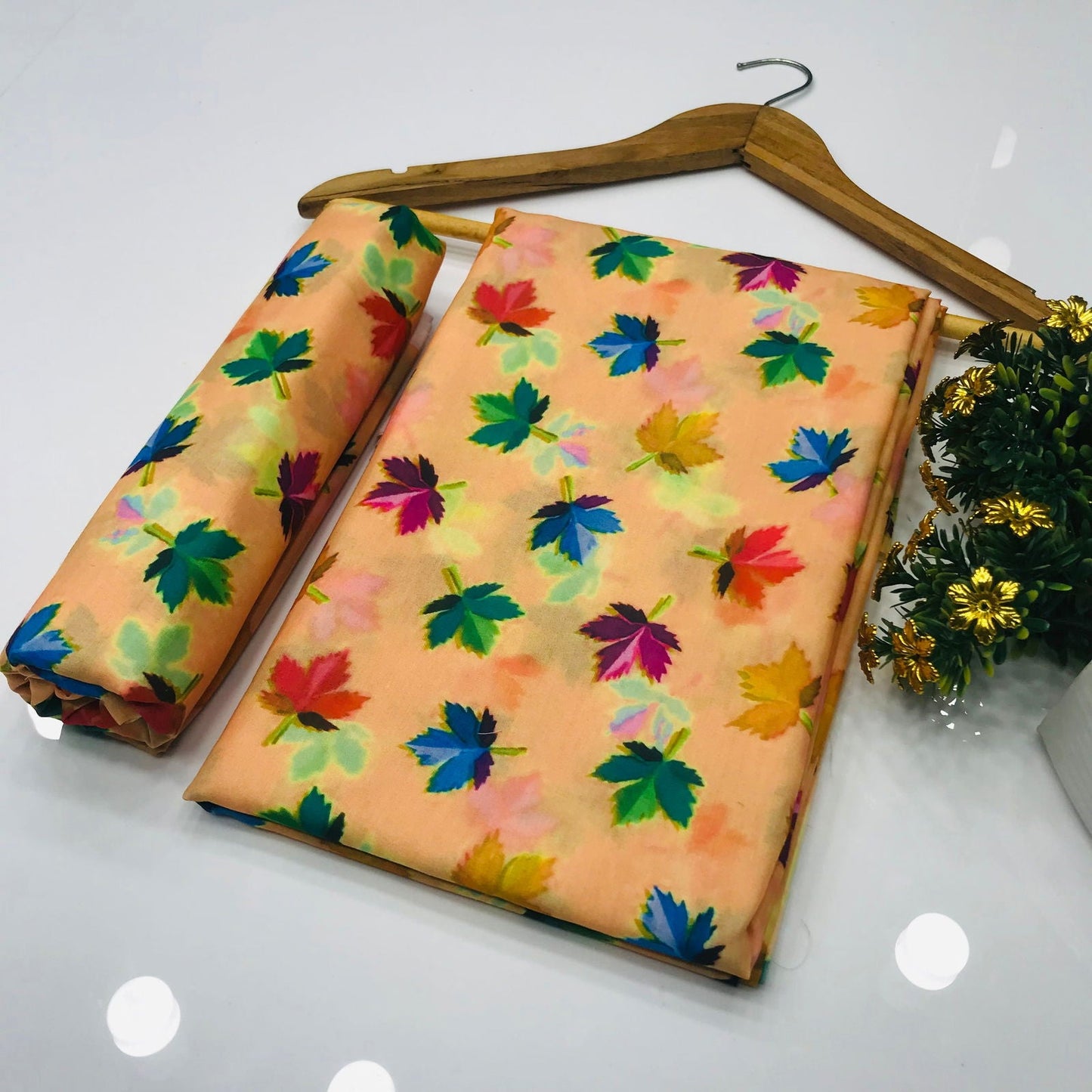 SastaaE 2 Pieces Unstitched Lawn All Over Leaf Print Shirt & Trouser