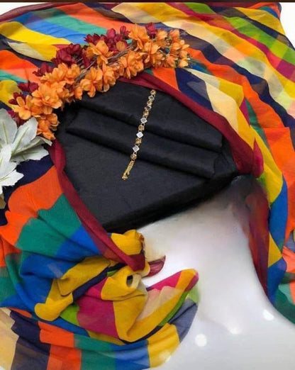 SastaaE 3 PC Unstitched Kataan Silk Plain Shirt & Trouser With Chiffon Chunri Multi Dupatta