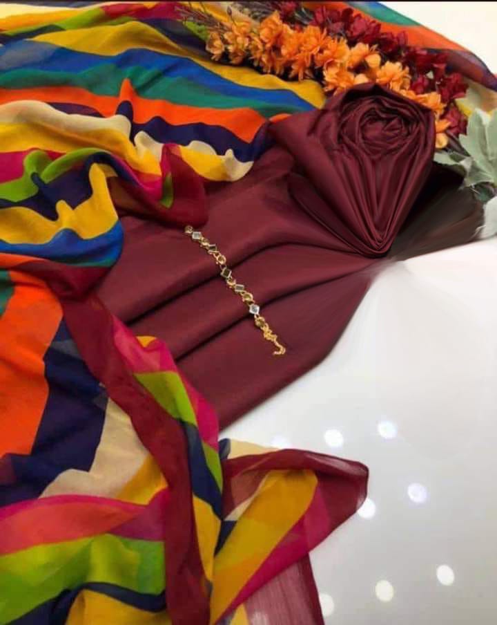 SastaaE 3 PC Unstitched Kataan Silk Plain Shirt & Trouser With Chiffon Chunri Multi Dupatta