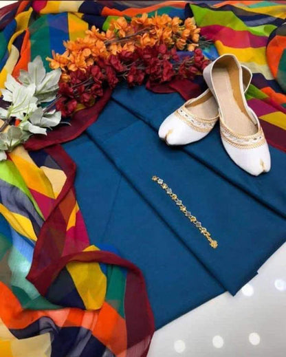 SastaaE 3 PC Unstitched Kataan Silk Plain Shirt & Trouser With Chiffon Chunri Multi Dupatta