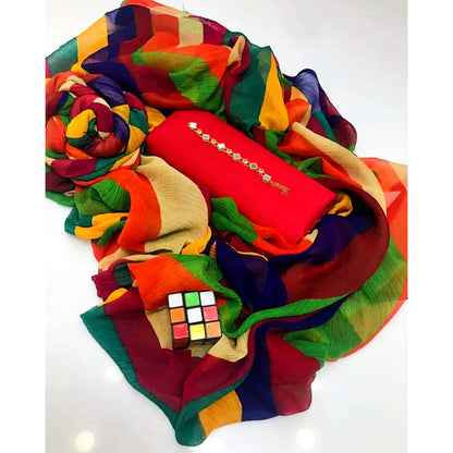 SastaaE 3 PC Unstitched Kataan Silk Plain Shirt & Trouser With Chiffon Chunri Multi Dupatta