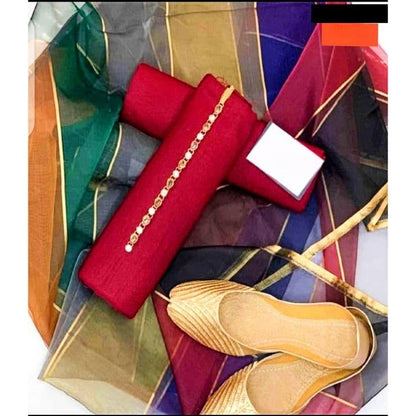 SastaaE 3 PC Unstitched Kataan Silk Plain Shirt & Trouser With Organza Lining Dupatta