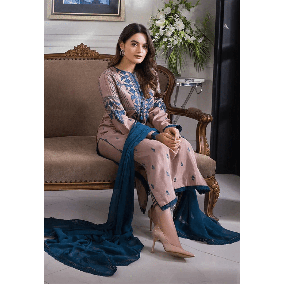 SastaaE 3 Piece Unstitched Embroidered Dress on Lawn Cotton fabric along with Chiffon Embroidered Dupatta