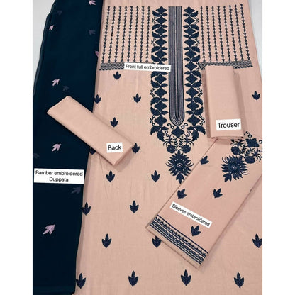 SastaaE 3 Piece Unstitched Embroidered Dress on Lawn Cotton fabric along with Chiffon Embroidered Dupatta