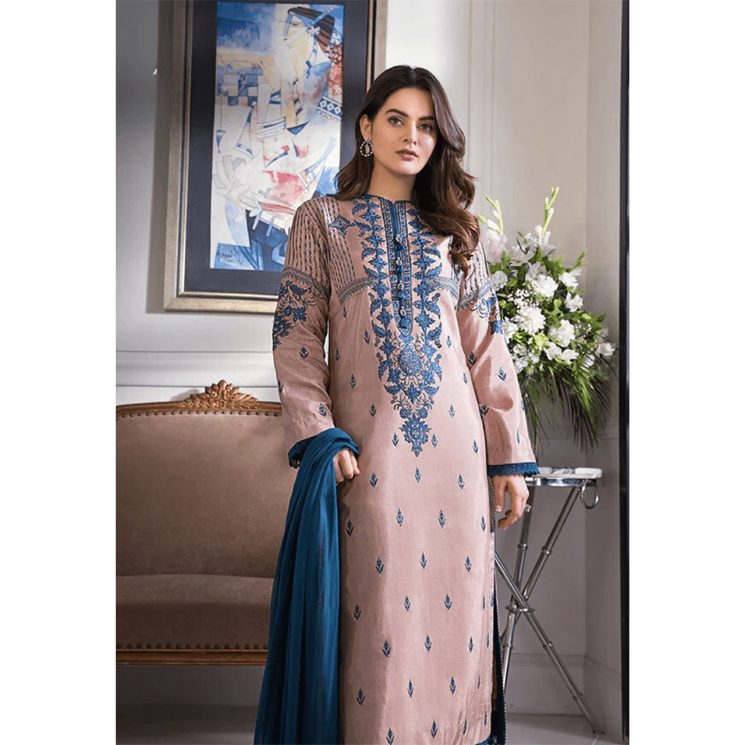 SastaaE 3 Piece Unstitched Embroidered Dress on Lawn Cotton fabric along with Chiffon Embroidered Dupatta