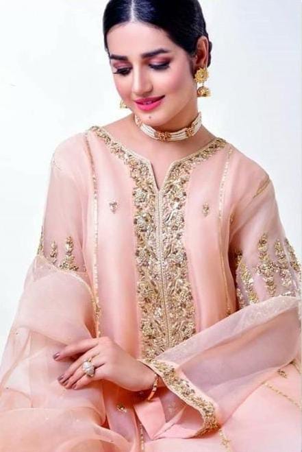 SastaaE 3 pc Unstitched Bridal Dress with full Embroidered and Handwork Shirt and Gotta work Dupatta