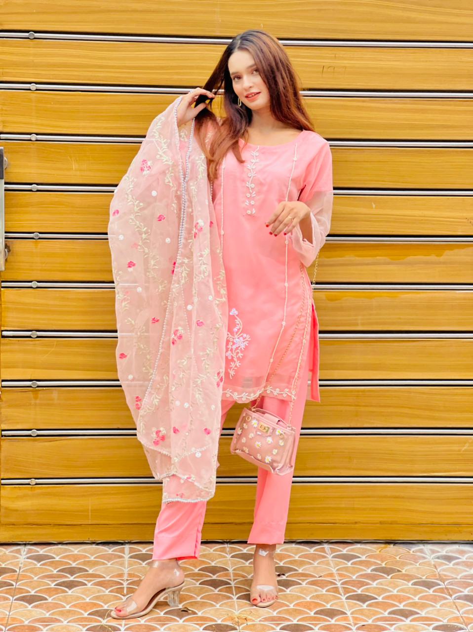SastaaE Organza 3pc Unstitched Embroidered & Adda Work Dress with Malai Inner