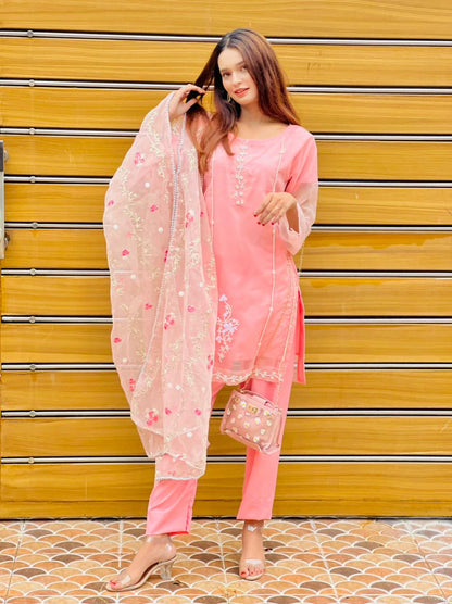 SastaaE Organza 3pc Unstitched Embroidered & Adda Work Dress with Malai Inner