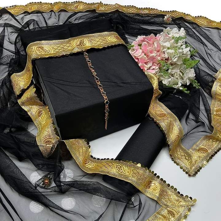 SastaaE Presents Kataan Silk Suit 3pcs Net Gotta Work Duppatta With Plain Katan Silk Shirt & Trouser