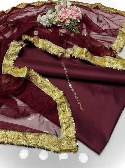 SastaaE Presents Kataan Silk Suit 3pcs Net Gotta Work Duppatta With Plain Katan Silk Shirt & Trouser