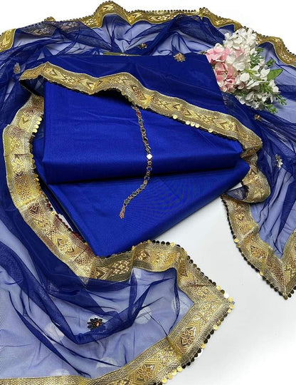 SastaaE Presents Kataan Silk Suit 3pcs Net Gotta Work Duppatta With Plain Katan Silk Shirt & Trouser
