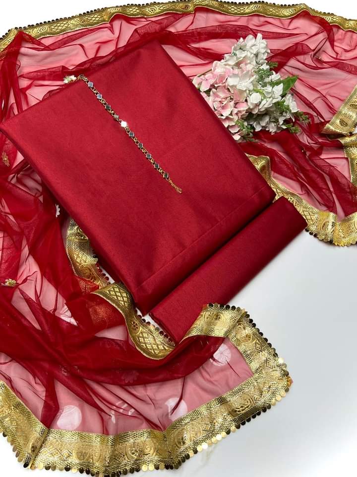 SastaaE Presents Kataan Silk Suit 3pcs Net Gotta Work Duppatta With Plain Katan Silk Shirt & Trouser