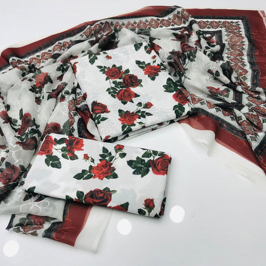Sastaae 3 Pieces Unstitched Indian Chiffon Digital Printed Shifflie Work Dupatta With Digital Printed Lawn Shirt & Trouser