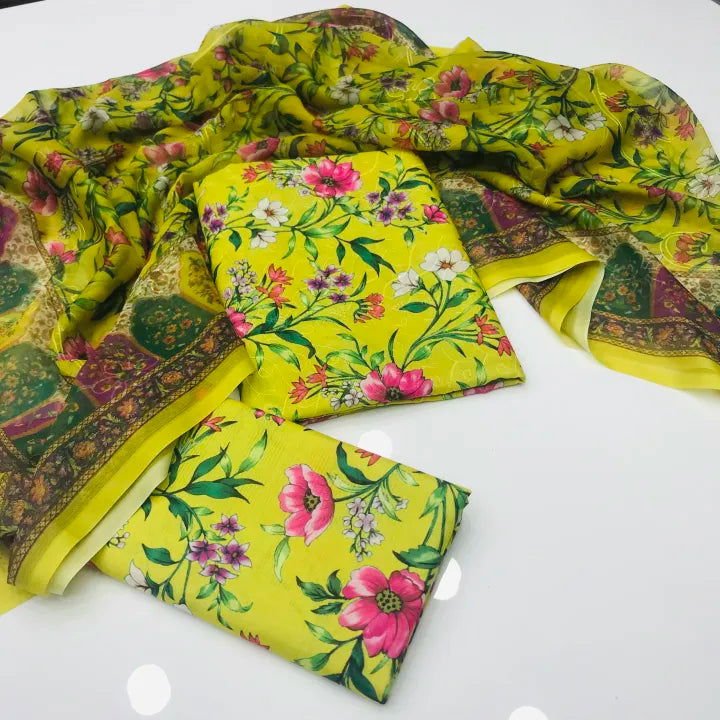 Sastaae 3 Pieces Unstitched Indian Chiffon Digital Printed Shifflie Work Dupatta With Digital Printed Lawn Shirt & Trouser