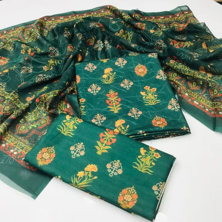 Sastaae 3 Pieces Unstitched Indian Chiffon Digital Printed Shifflie Work Dupatta With Digital Printed Lawn Shirt & Trouser