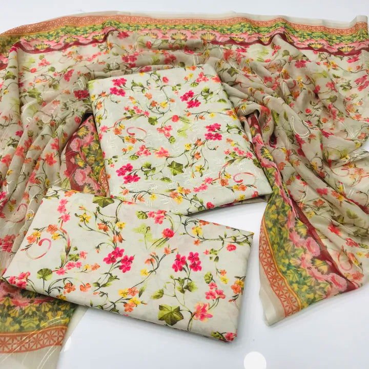 Sastaae 3 Pieces Unstitched Indian Chiffon Digital Printed Shifflie Work Dupatta With Digital Printed Lawn Shirt & Trouser