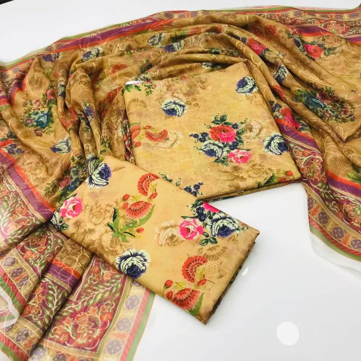 Sastaae 3 Pieces Unstitched Indian Chiffon Digital Printed Shifflie Work Dupatta With Digital Printed Lawn Shirt & Trouser