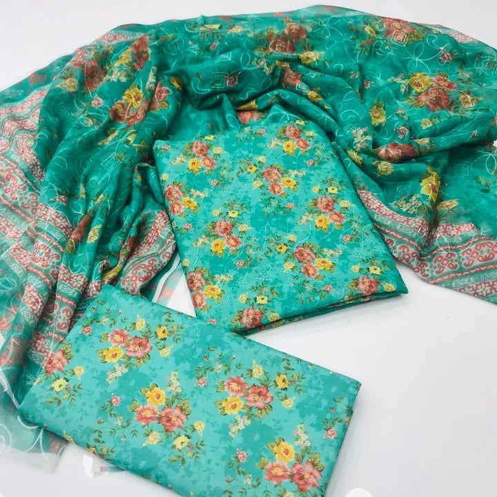 Sastaae 3 Pieces Unstitched Indian Chiffon Digital Printed Shifflie Work Dupatta With Digital Printed Lawn Shirt & Trouser
