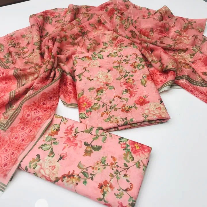 Sastaae 3 Pieces Unstitched Indian Chiffon Digital Printed Shifflie Work Dupatta With Digital Printed Lawn Shirt & Trouser