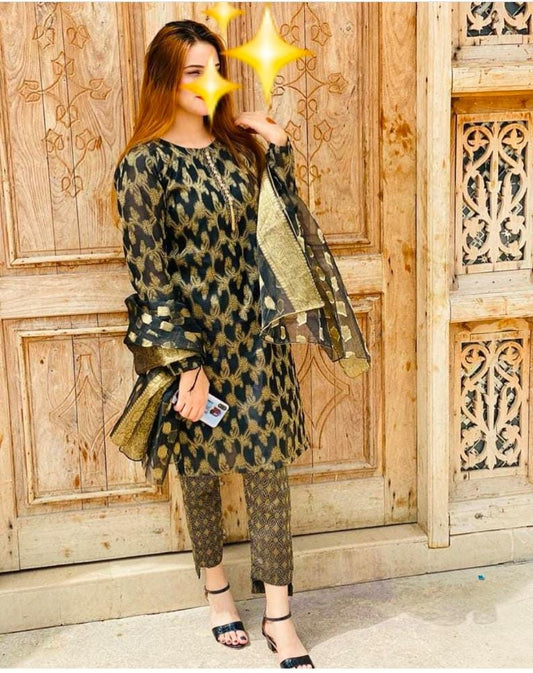 Sastaae Cotton Jacquard 3 Pieces Paper Cotton Banarsi (Shirt,Touser,Duppatta)