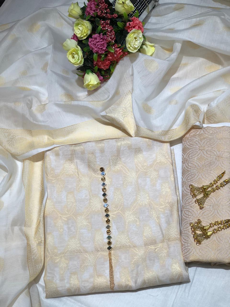 Sastaae Cotton Jacquard 3 Pieces Paper Cotton Banarsi (Shirt,Touser,Duppatta)