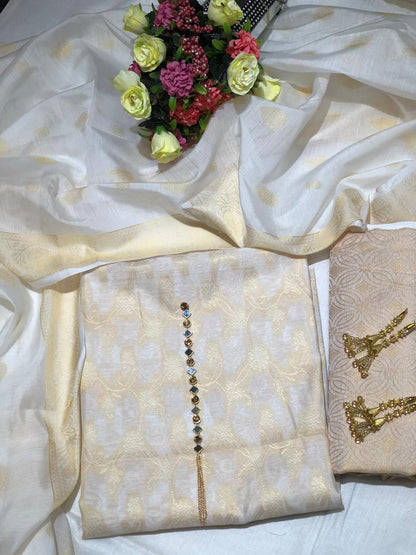 Sastaae Cotton Jacquard 3 Pieces Paper Cotton Banarsi (Shirt,Touser,Duppatta)