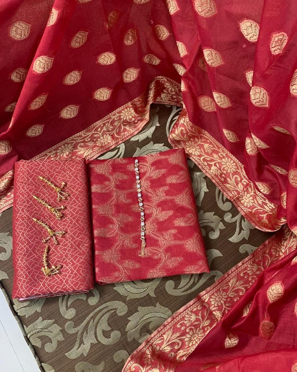 Sastaae Cotton Jacquard 3 Pieces Paper Cotton Banarsi (Shirt,Touser,Duppatta)