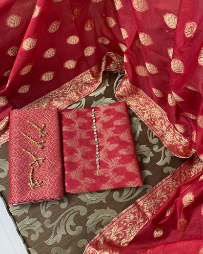 Sastaae Cotton Jacquard 3 Pieces Paper Cotton Banarsi (Shirt,Touser,Duppatta)