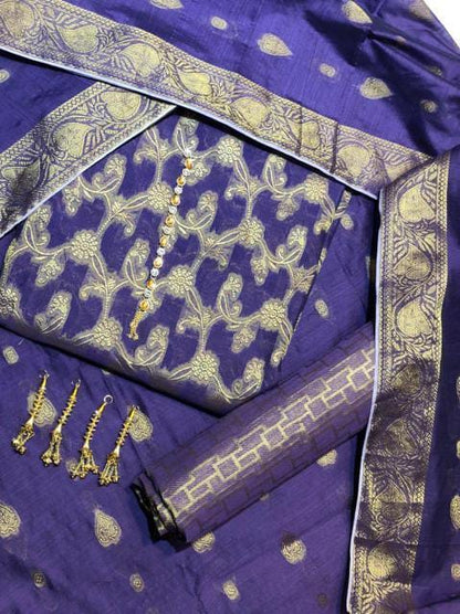 Sastaae Cotton Jacquard 3 Pieces Paper Cotton Banarsi (Shirt,Touser,Duppatta)