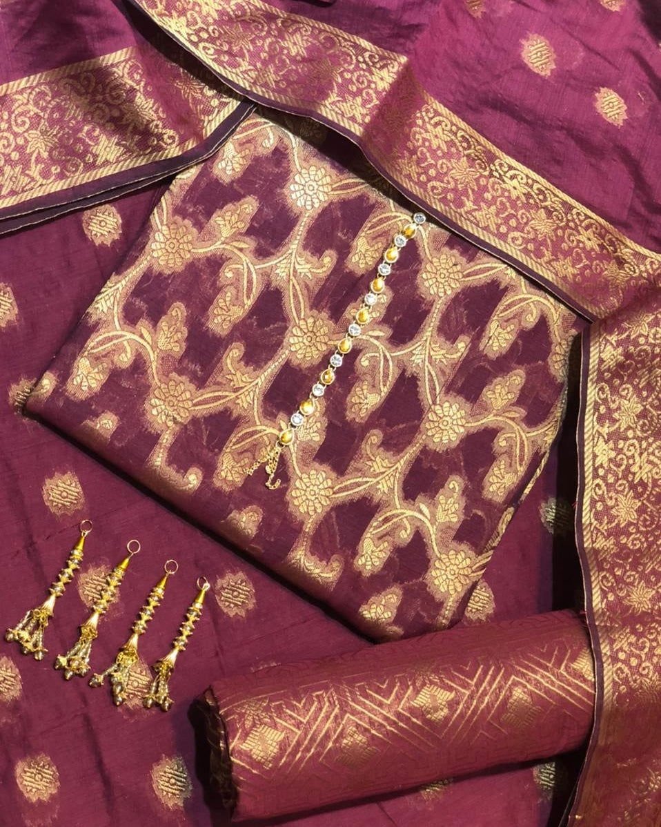 Sastaae Cotton Jacquard 3 Pieces Paper Cotton Banarsi (Shirt,Touser,Duppatta)