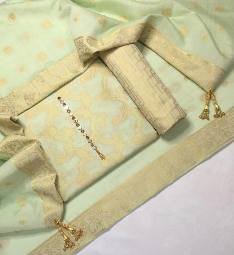 Sastaae Cotton Jacquard 3 Pieces Paper Cotton Banarsi (Shirt,Touser,Duppatta)